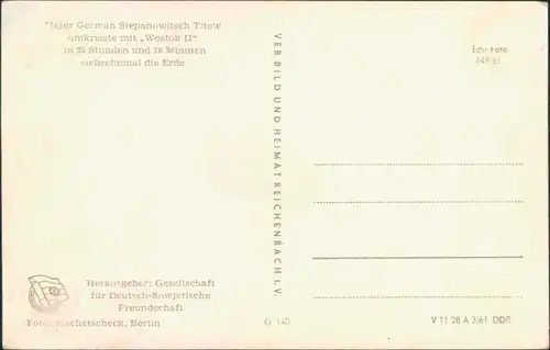 Ansichtskarte  Major German Stepanowitsch Titow, Wostok 2, Raumfahrt 1961