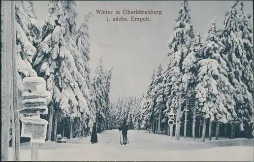 Oberbärenburg-Altenberg (Erzgebirge) Skifahrer am Wegweiser im Winterwald 1914