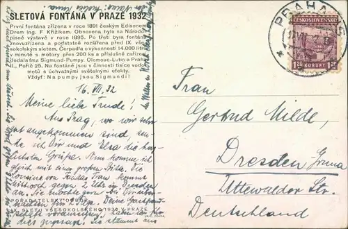 Postcard Prag Praha SLETOVÁ FONTÁNA V PRAZE 1932