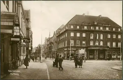 Ansichtskarte Neumünster Geschäfte, Bahnhofshotel - Kuhberg 1932 