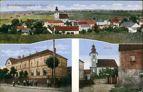 Ansichtskarte Großerkmannsdorf-Radeberg 3 Bild: Schule, Kirche, Stadt 1909 
