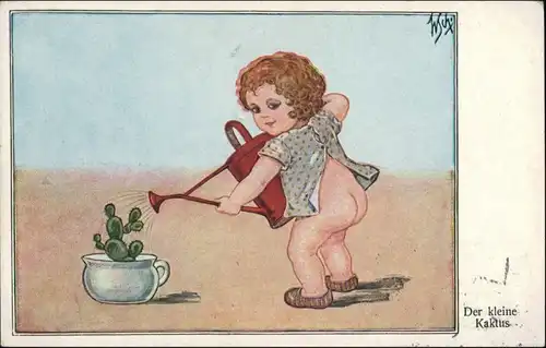 Ansichtskarte  Mädchen gißt kleinen Kaktus, nackter Hintern 1924