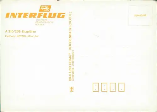 Ansichtskarte  Interflug DDR, A310/208 Sitzplätze 1988