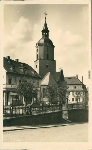 Ansichtskarte Meerane Kirche und Geschäft 1930 