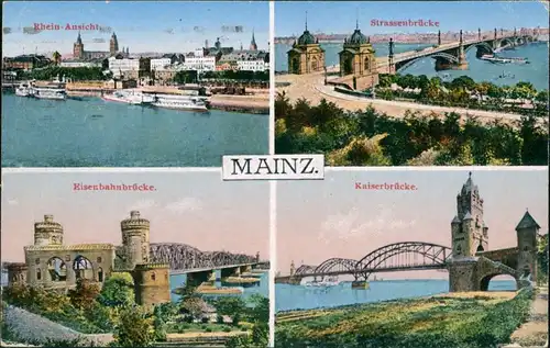 Ansichtskarte Mainz Rhein-Ansicht, Eisenbahnbrücke, Kaiserbrücke 1926