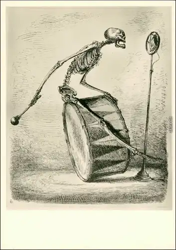 Ansichtskarte  Politische Zeichnung: Skelett auf Trommel vor dem Mikrofon 1934