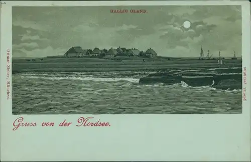 Hallig Oland-Amt Pellworm Øland/Ualöönist Mondscheinlitho: Hallig Oland 1903