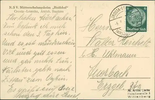 Ansichtskarte Crosta-Lomske-Radibor Radwor Müttererholungsheim Heidehof 1934 