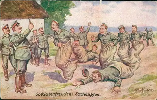  Künstlerkarte: Soldatenfreuden Sackhüpfen - Ad. Hoffmann 1917 