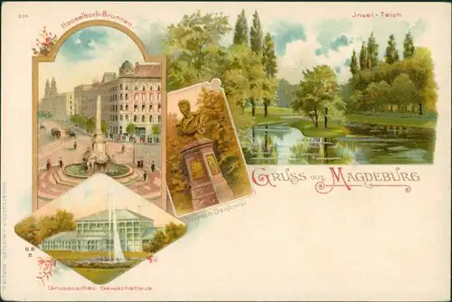 Litho AK Magdeburg Litho AK: Hasselbachplatz, Teich-Teich, Gewächshäuser 1903 