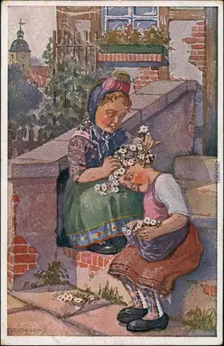 Ansichtskarte  Künstlerkarte: Mädchen beim schmücken Erich Hoy 1918 