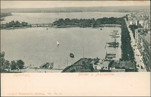 Ansichtskarte Altstadt-Hamburg Blick auf Binnen- und Außenalster 1908 