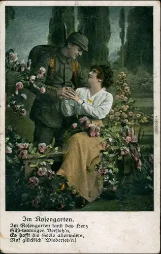 Ansichtskarte  Soldat, Frau WK1 im Rosengarten 1918 