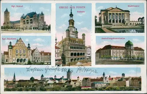 Postcard Posen Poznań Mehrbild: Schloß, Stadt, Akademie, Theater 1915 