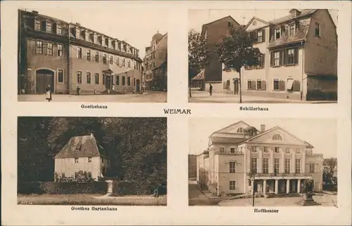 Ansichtskarte Weimar 4 Bild: Goethehaus, Schillerhaus, Hoftheater 1926 