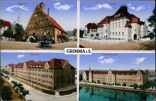 Ansichtskarte Grimma 4 Bild: Rathaus, Seminar, Kaserne 1917 