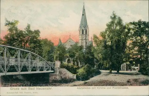 Bad Neuenahr-Bad Neuenahr-Ahrweiler Ahrbrücke mit Kirche und Poststrasse 1908 