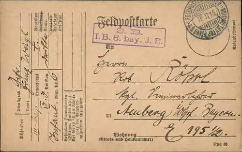 Ansichtskarte Bayrische S.B. I.B. 6. Infantrie Division Feldpost 1915