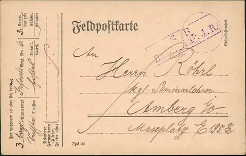 Feldpostkarte S.B. I.B. 3. Infantrie Division Feldpost 1914