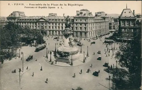 Paris Place de la Republique mit Straßenbahn und Automobilen 1923