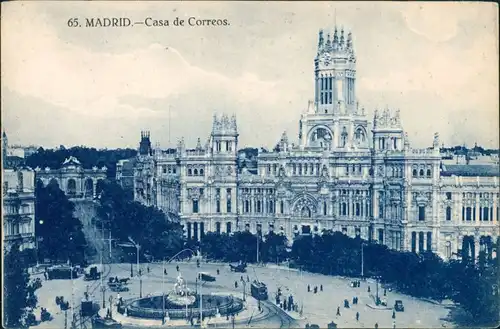 Madrid Casa de Correos mit Straßenbahn, Kutschen und Automobiele 1915