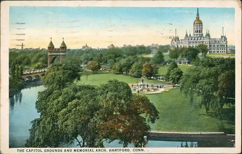 Postcard Hartford The Capitol Grounds and Memorial Arch 1925