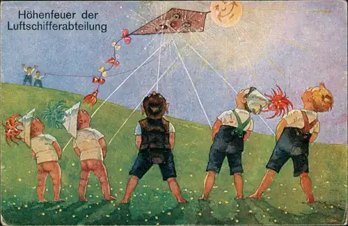 Ansichtskarte  Scherzkarten - Jungs - alle auf den Drachen 1914