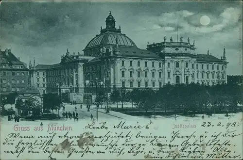 Ansichtskarte München Straße, Justitzpalast - Mondscheinlitho 1898