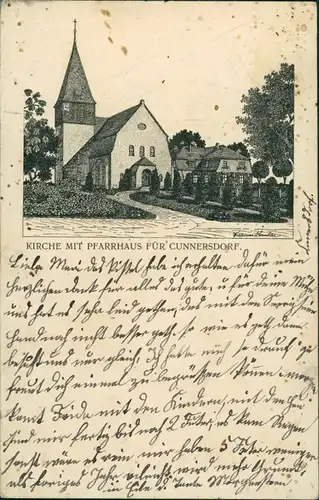 Niedercunnersdorf-Kottmar Künstlerkarte: Kirche mit Pfarrhaus 1909 