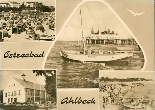 Ansichtskarte Ahlbeck (Usedom) Schiffe, belebter Strand, Gebäude 1964