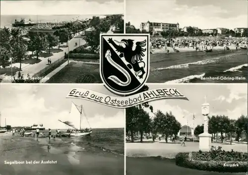 Ahlbeck (Usedom) Seebrücke, Berhard-Göring-Heim mit Strandbereich, Segelboot bei der Ausfahrt, Kurpark 1966