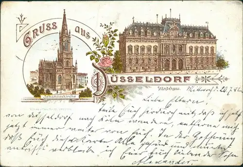 Litho AK Düsseldorf 2 Bild Litho: Ständehaus, Johanniskirche - Vorläufer 1892 