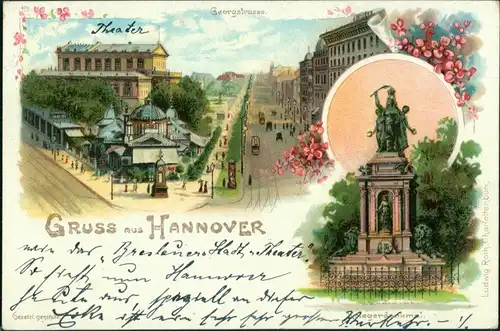 Litho AK Hannover Litho AK: Cafe Kröpcke, Georgstrasse, Kriegerdenkmal 1899 