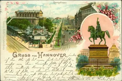 Litho AK Hannover Litho AK: Cafe Kröpcke, Georgstrasse, Denkmal 1898 