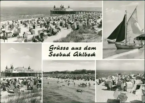 Ahlbeck (Usedom) Seebrücke, Segelboot, Strand mit vielen Strandkörben 1981