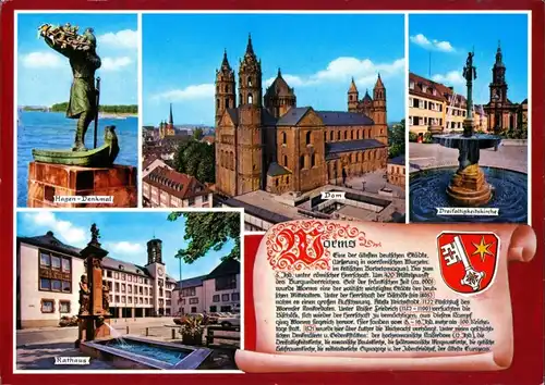 Ansichtskarte Worms Hagen-Denkmal, Dom, Dreifaltigkeitskirche, Rathaus 2009