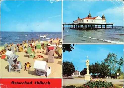 Ansichtskarte Ahlbeck Usedom Strand, Seebrücke, Kurpark mit Musikpavillon g1977