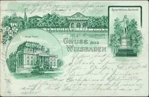 Ansichtskarte Wiesbaden Königl. Theater, Kaiser Wilhelm Denkmal 1904