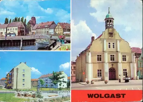 Ansichtskarte Wolgast Am Hafen, Straße der Befreiung, Rathaus g1980