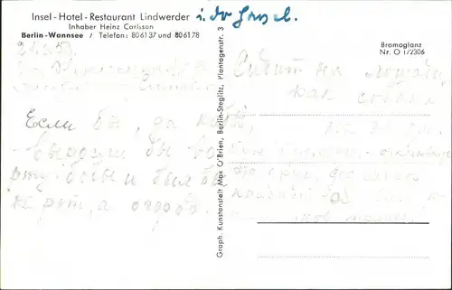 Ansichtskarte Wannsee-Berlin Insel-Hotel-Restaurant Lindwerder 1953