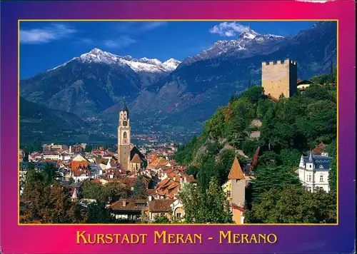 Cartoline Meran Merano Panorama-Ansicht mit Burg und Kirche 2010