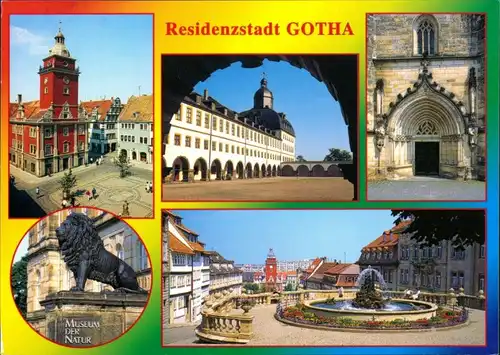 Gotha Hauptmarkt mit Rathaus, Schloß Friedenstein, Portal der Margarethenkirche, Museum, Schloßberg mit Wasserkunst 2010