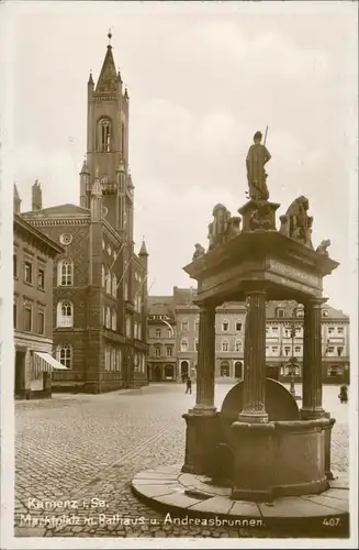 Ansichtskarte Kamenz Kamjenc Marktplatz mit Rathaus und Andreasbrunnen 1929