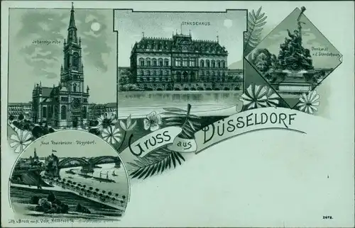 Litho AK Düsseldorf Johanniskirche, Standehaus, Denkmal v. d. Ständehaus  1900