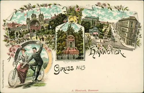 Litho AK Hannover Tivoli, Georgstraße, Krieger-Denkmal, Tandem Fahrrad 1900 