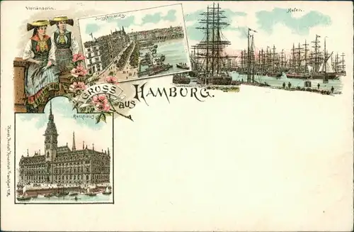 Litho AK Altstadt-Hamburg Jungfernstieg, Hafen mit Segelschiffen, Rathaus 1900 