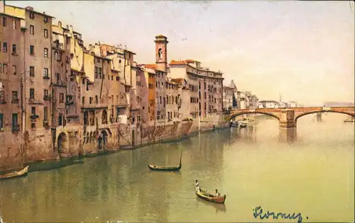 Cartoline Florenz Firenze Brücke - Kanal - Kähne - Wohnhaus 1919