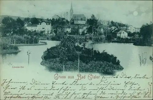 Ansichtskarte Bad Elster Luisa-See und Kirche bei Mondschein 1900