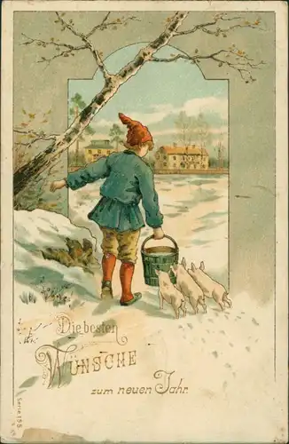 Ansichtskarte  Neujahr - Zwerg und Glücks-Schweine 1908 