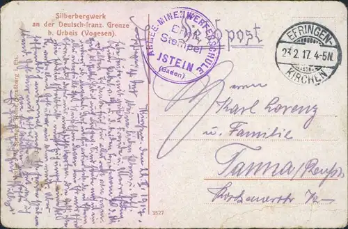 CPA Urbeis Orbey Silberbergwerk an der Deutsch-franz. Grenze 1917
